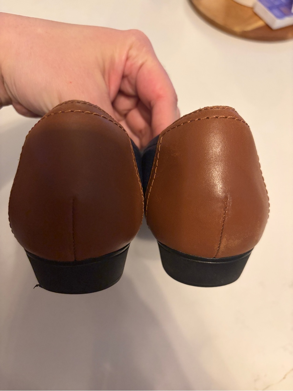 Clarks Collection Navy Blue and Tan Leather Cushion Flats Gold Buckle 10 - Picture 3 of 5